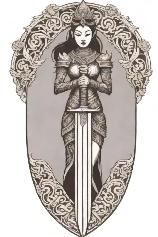 thai maiden sword and shield tattoo design idea