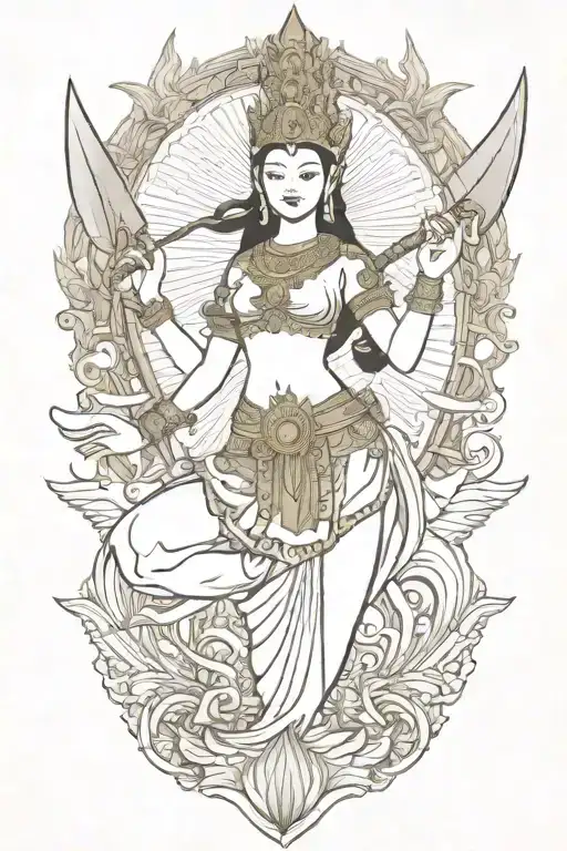 Thai Goddess warrior incorporate sail boat in the background tattoo design idea