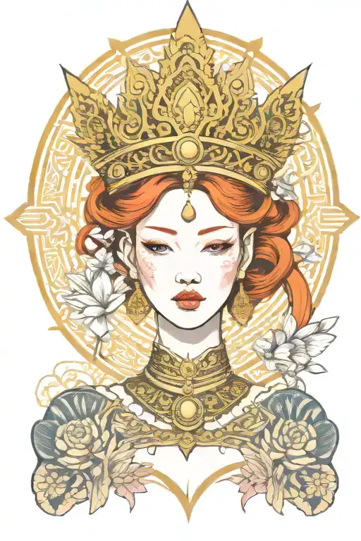 redhead woman wearing golden Thai crown, incorporate japanese tide and sail boat tattoo design idea