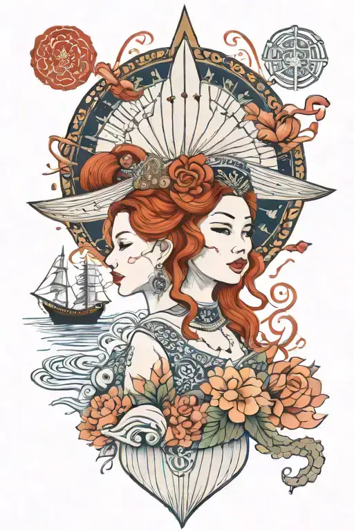 redhead woman wearing Thai headress and dress incorporate japanese tide and sail boat tattoo design idea