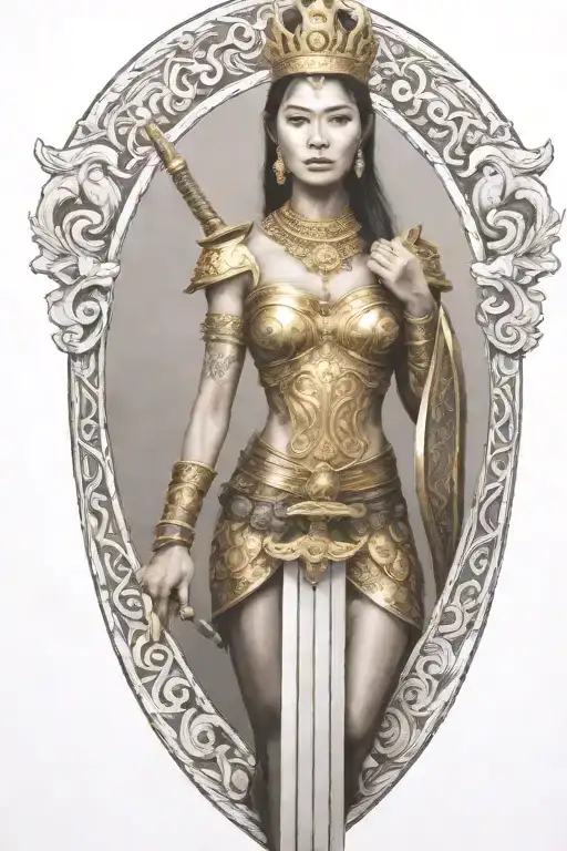 thai maiden wearing golden crown, holding sword and shield  tattoo design idea