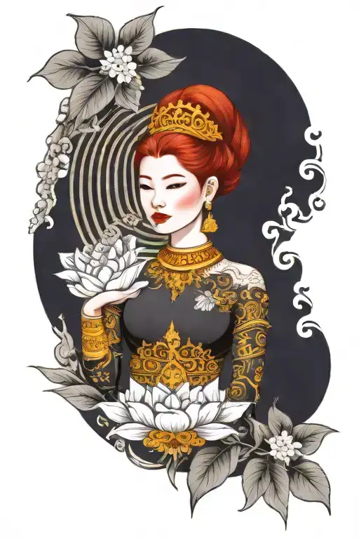 redhair maiden wearing golden Thai crown, traditional Thai deeas and incorporate japanese tide and sail boat background tattoo design idea