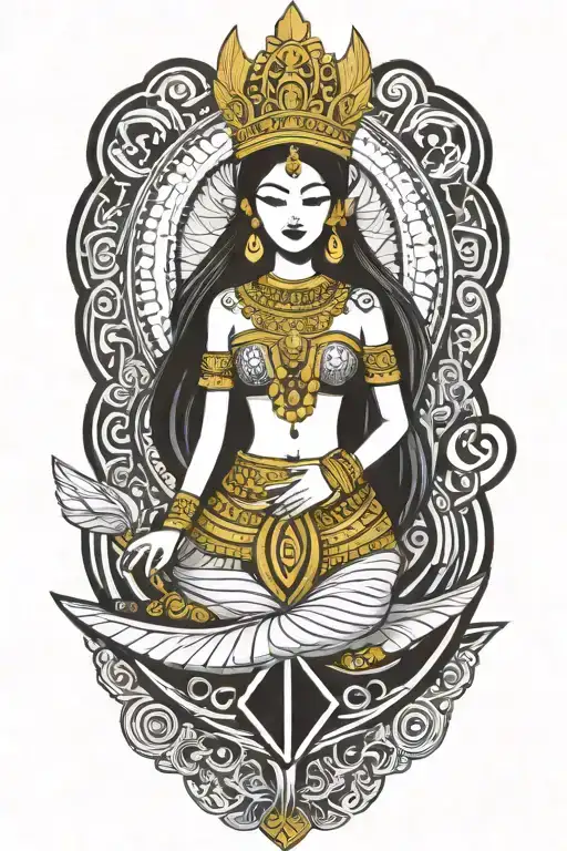 Thai maiden warrior incorporate sail boat in the background, Gold crown tattoo design idea