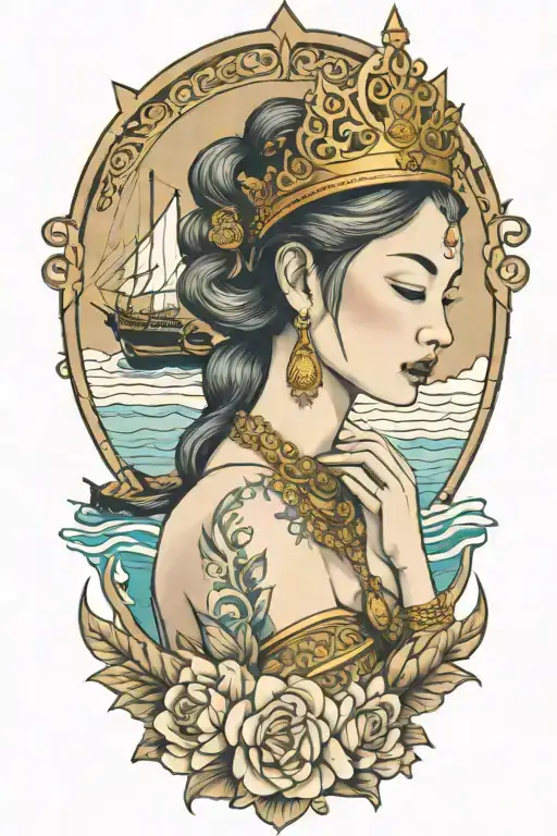 praying maiden wearing Thai gold crown incorporate sailboat in the background tattoo design idea