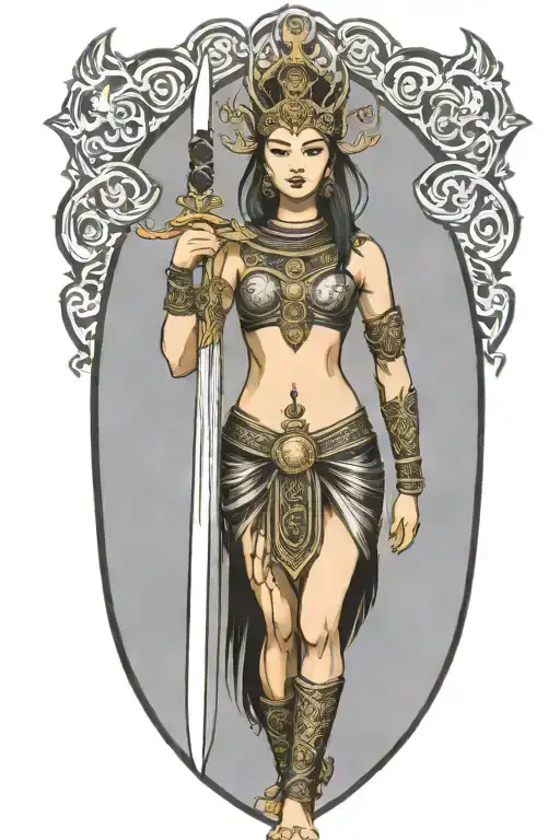 thai maiden sword and shield tattoo design idea