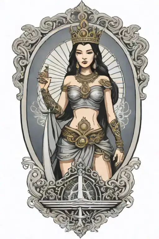 beautiful woman holding Shield, Thai style crown, incorporate sailboat sailing in the sea in the background tattoo design idea