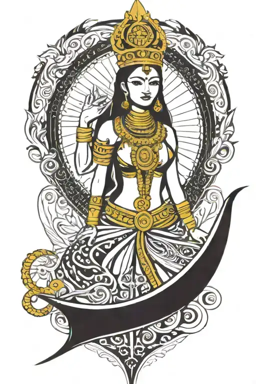 Thai maiden warrior incorporate sail boat in the background, Gold crown tattoo design idea