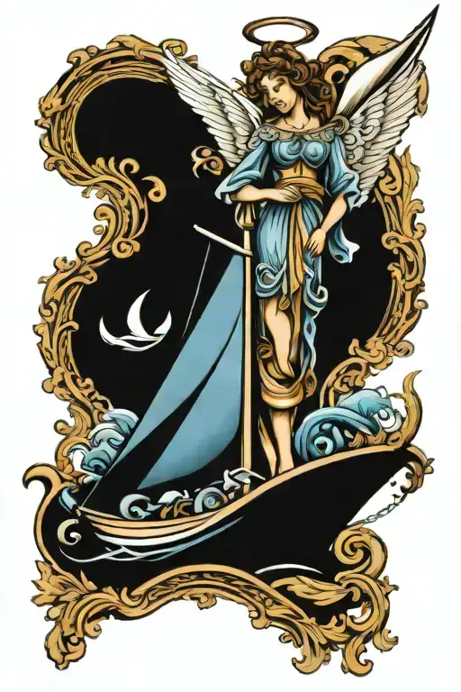 Angel  incorporate blue high tide and sail boat tattoo design idea