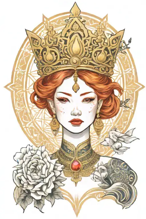 redhead woman wearing golden Thai crown, incorporate japanese tide and sail boat tattoo design idea