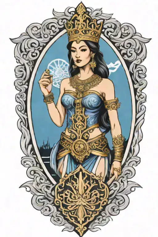 beautiful woman holding Shield, Thai style golden crown, incorporate sailboat sailing in the blue sea in the background tattoo design idea