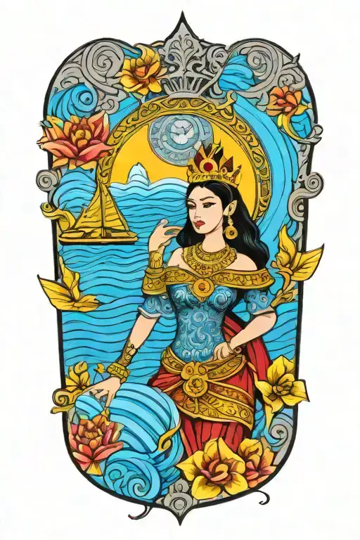 beautiful thai woman holding Shield, Thai style crown, incorporate sailboat sailing in the sea in the background tattoo design idea