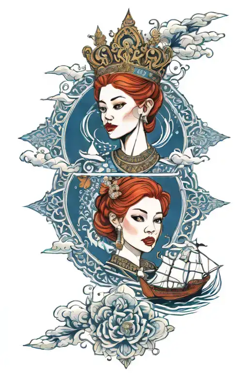 redhead woman wearing Thai crown and dress incorporate blue high tide and sail boat tattoo design idea