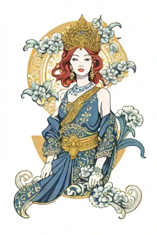 redhair maiden wearing golden Thai crown, traditional Thai deeas and incorporate japanese waves and sail boat background tattoo design idea