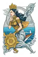 beautiful thai woman holding Shield, Thai style crown, incorporate sailboat sailing in the sea in the background tattoo design idea