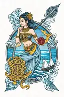 beautiful thai woman holding Shield, Thai style crown, incorporate sailboat sailing in the sea in the background tattoo design idea