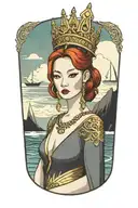 redhair maiden wearing golden Thai crown and thai dress. sea and sailboat in the background tattoo design idea