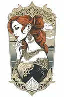 redhair maiden wearing golden Thai crown and thai dress. sea and sailboat in the background tattoo design idea