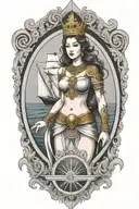 beautiful woman holding Shield, Thai style crown, incorporate sailboat sailing in the sea in the background tattoo design idea