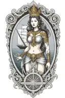 beautiful woman holding Shield, Thai style crown, incorporate sailboat sailing in the sea in the background tattoo design idea
