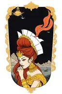 redhair maiden wearing golden Thai crown and thai dress. sea and sailboat in the background tattoo design idea