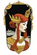 redhair maiden wearing golden Thai crown and thai dress. sea and sailboat in the background tattoo design idea