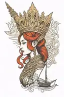 redhair maiden wearing golden Thai crown and thai dress. sea and sailboat in the background tattoo design idea