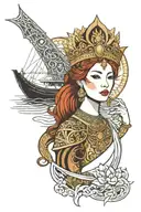 redhair maiden wearing golden Thai crown and thai dress. sea and sailboat in the background tattoo design idea