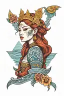 redhead woman wearing Thai crown and dress incorporate blue high tide and sail boat tattoo design idea