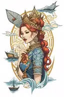 redhead woman wearing Thai crown and dress incorporate blue high tide and sail boat tattoo design idea
