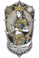 beautiful woman holding Shield, Thai style golden crown, incorporate sailboat sailing in the blue sea in the background tattoo design idea