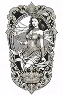beautiful woman holding Shield, Thai style golden crown, incorporate sailboat sailing in the blue sea in the background tattoo design idea
