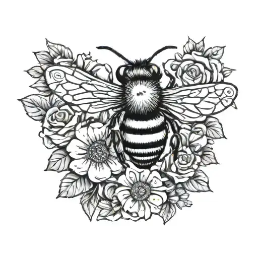 bee with crown surrounded by rose, daisy, and morning glory flowers tattoo design idea