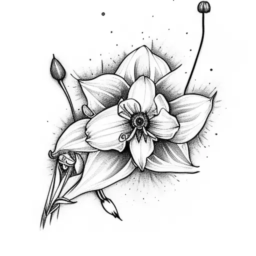 Flower bouquet with a snow drop, daffodil, morning glory, cosmos, Chrysenthemum and a narsissus tattoo design idea