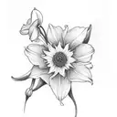 Flower bouquet with a snow drop, daffodil, morning glory, cosmos, Chrysenthemum and a narsissus tattoo design idea