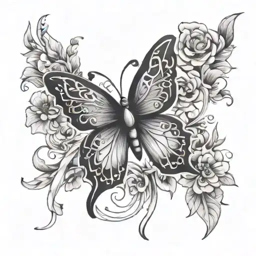 breast cancer ribbon and neurodiverse butterfly with flowers growing tattoo design idea