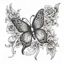 breast cancer ribbon and neurodiverse butterfly with flowers growing tattoo design idea