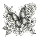 breast cancer ribbon and neurodiverse butterfly with flowers growing tattoo design idea