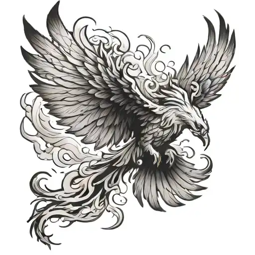 Phoenix, emerging from smoke, epic view, wings wide open, black and white, tattoo, smooth transition from ash to phoenix tattoo design idea