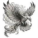 Phoenix, emerging from smoke, epic view, wings wide open, black and white, tattoo, smooth transition from ash to phoenix tattoo design idea