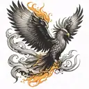 Phoenix, emerging from smoke, epic view, wings wide open, black and white, tattoo, smooth transition from ash to phoenix tattoo design idea