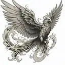 Phoenix, emerging from smoke, epic view, wings wide open, black and white, tattoo, smooth transition from ash to phoenix tattoo design idea