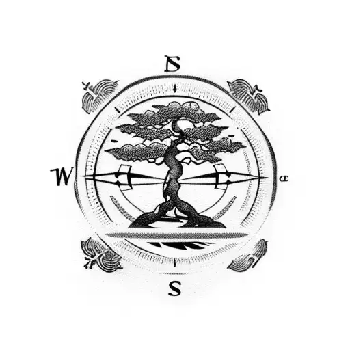 bonsai tree with a compass  tattoo design idea