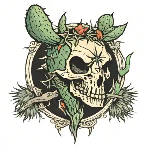 cactus with a bull skull and a tumbleweed   tattoo design idea