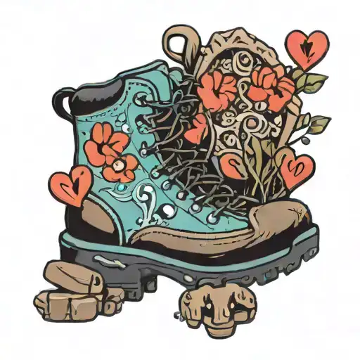woman's hiking boot with hearts and paw prints  tattoo design idea