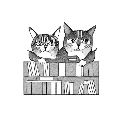 A tattoo of a serene library with cats lounging on the shelves and philosophical quotes scattered throughout tattoo design idea