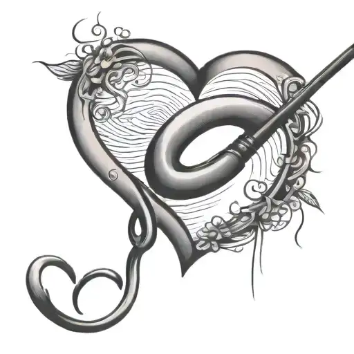 fishing hook fishing pole with fingerprint heart tattoo design idea
