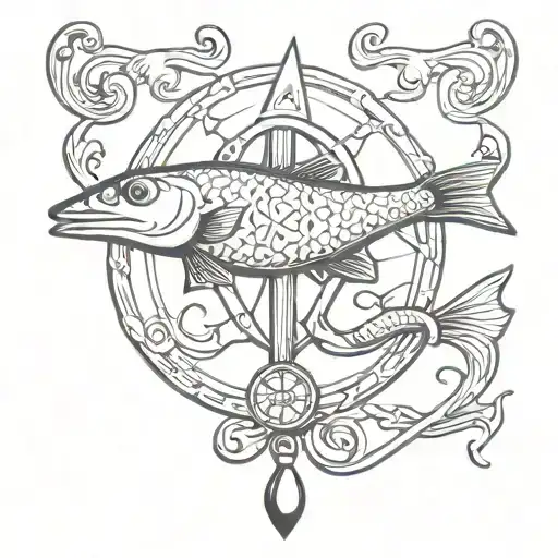 A stylized fish hook adorned with masonic emblems, combining the client's love for fishing and the masonic lodge tattoo design idea