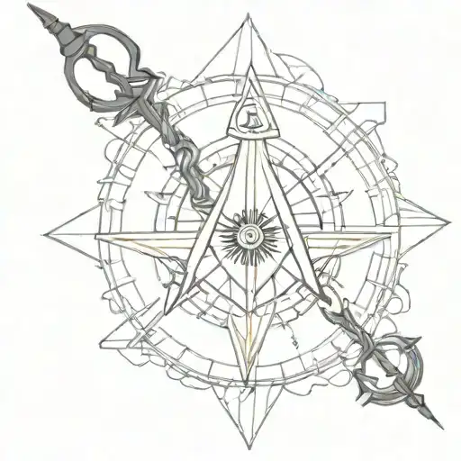 A detailed blackwork tattoo of a masonic compass and square intertwined with a fishing hook, symbolizing the client's passion for both fishing and the Masonic brotherhood tattoo design idea