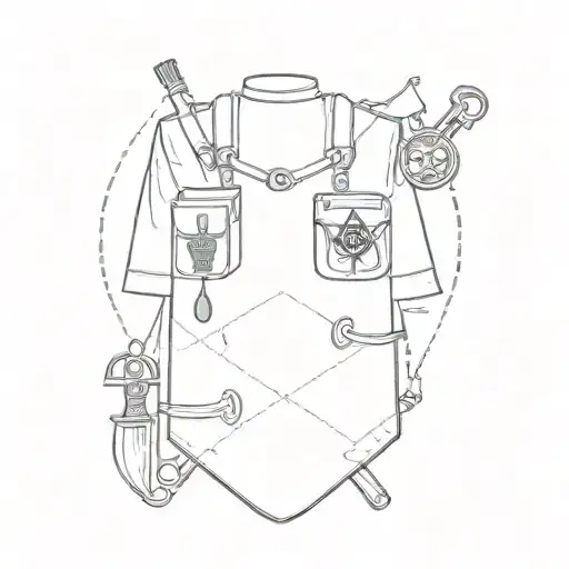 A black-grey tattoo of a masonic apron adorned with military medals and fishing gear, symbolizing the client's dedication to the Masonic brotherhood, the army, and fishing tattoo design idea