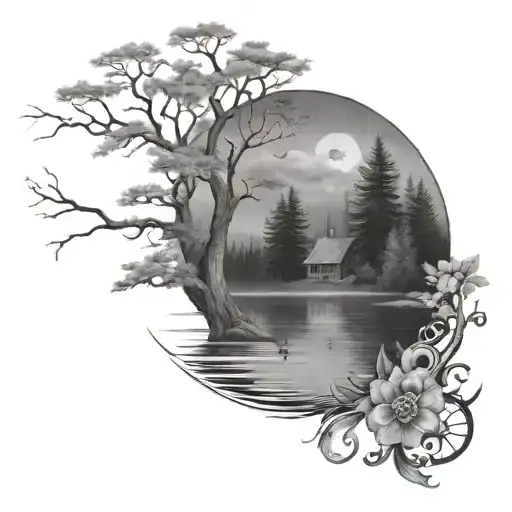 A serene lake landscape with a hidden masonic lodge nestled among the trees, showcasing the client's passion for fishing and masonry tattoo design idea